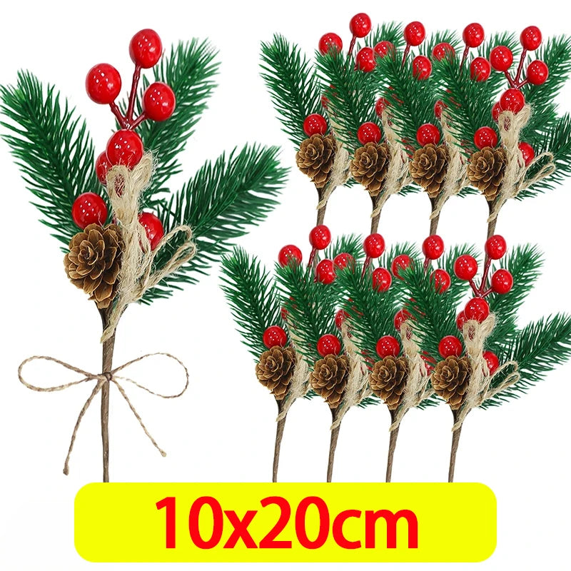 Christmas Pine & Red Berry Branches – Artificial Pine Needle Stems for DIY Wreaths & Décor (1/30PCS)
