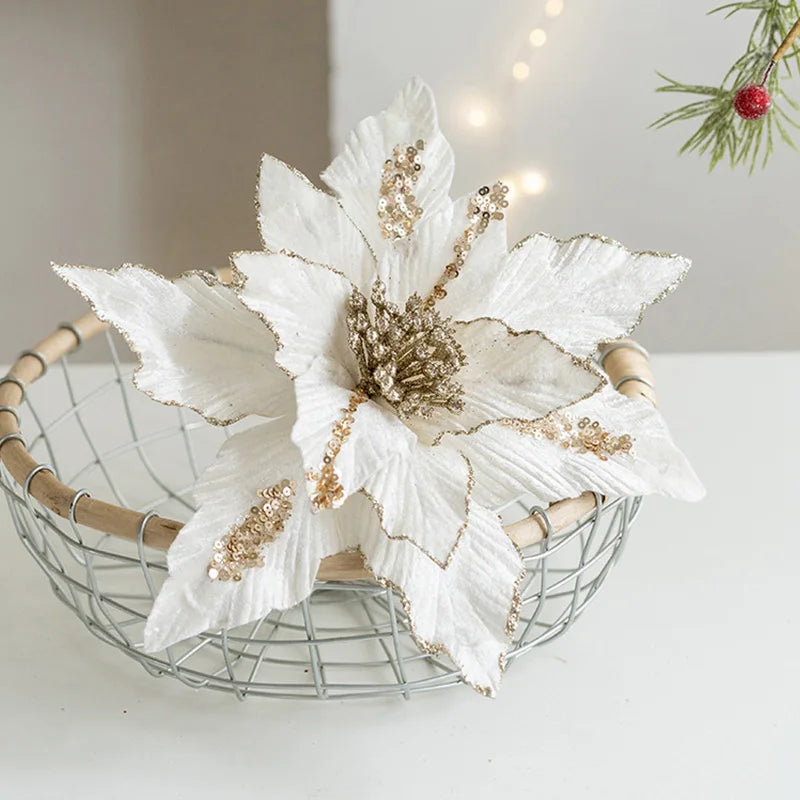 Large Glitter Velvet Christmas Flower – 26CM Artificial Ornament for Tree & Home Décor