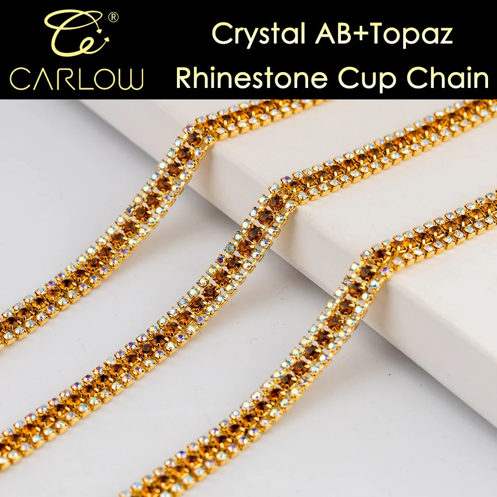 CARLOW AAAAA 3-Row Rhinestone Cup Chain – Gold Base