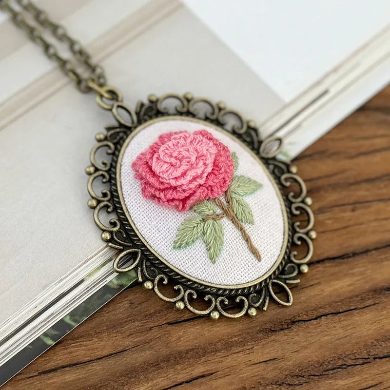 Rose Mini Embroidery Necklace DIY Pendant Kit