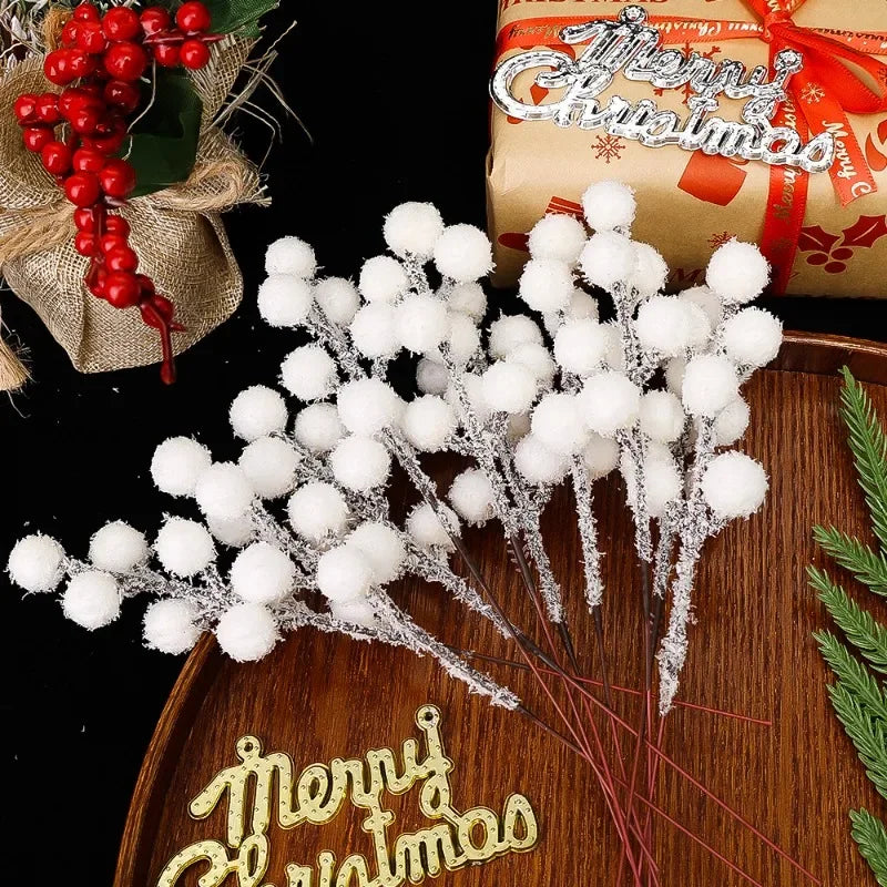Snow-Tipped White Berry Branches – Artificial Christmas Stems for Wreaths & Décor (5/50PCS)