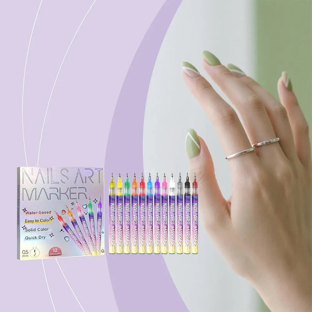 12PCS Nail Art Graffiti Pens – Waterproof, Quick-Dry Acrylic Nail Pens