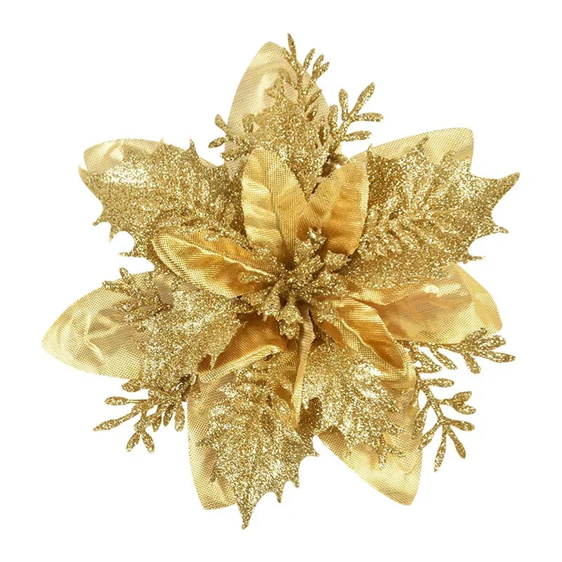 Glitter Poinsettia Flowers – 15CM Artificial Christmas Flower Ornaments (5/10PCS)
