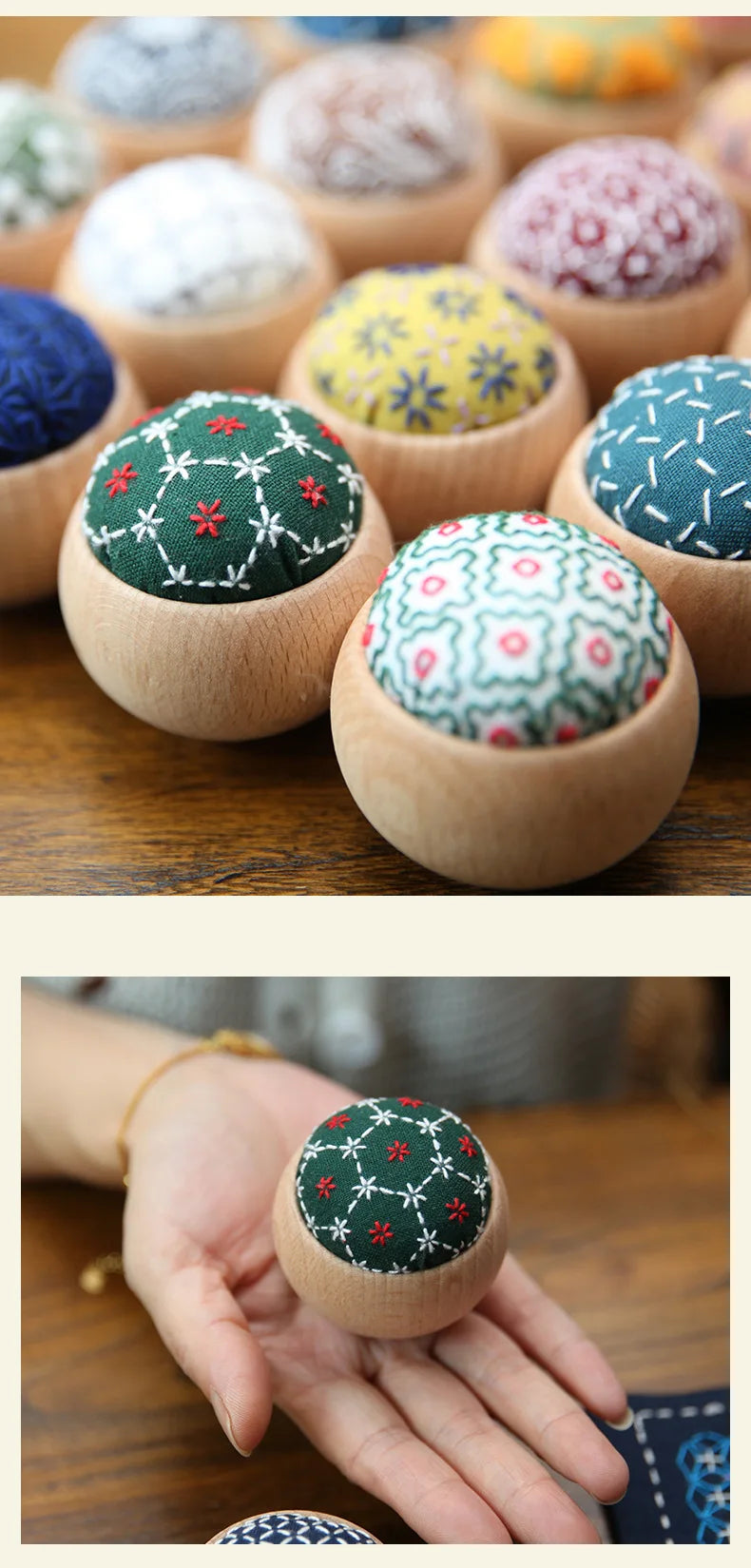 DIY Sashiko Pin Cushion with Wooden Base