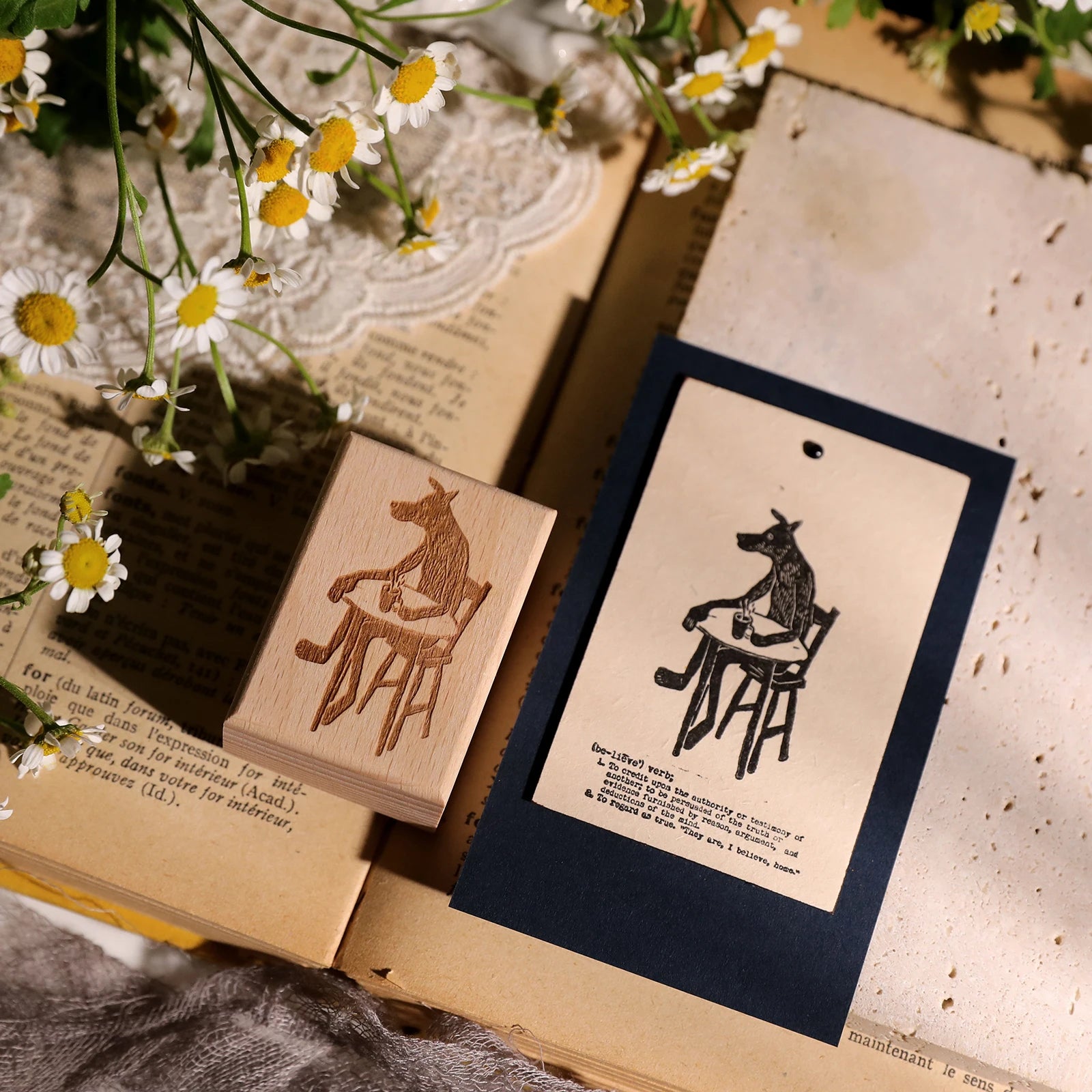 Vintage Flower & Bear Wooden Rubber Stamp – DIY Scrapbooking & Card Making