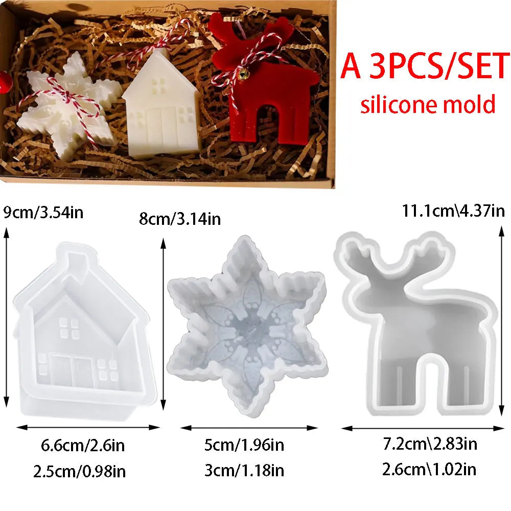 🕯️ 3PCS Gingerbread Man, Elk, Pine & Snowflake Scented Candle Silicone Mold – DIY Winter Home Decor & Handmade Christmas Gifts