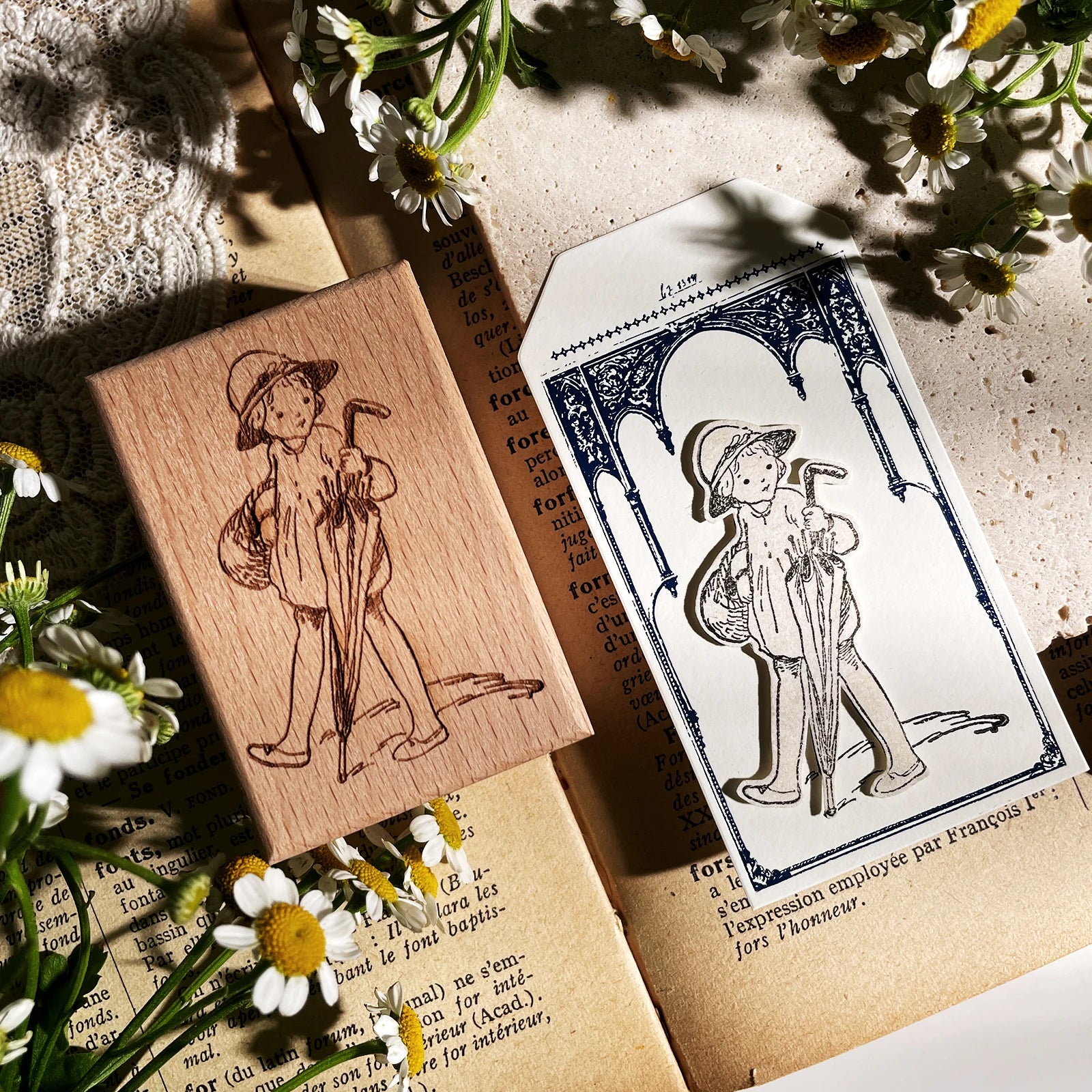 Vintage Flower & Bear Wooden Rubber Stamp – DIY Scrapbooking & Card Making