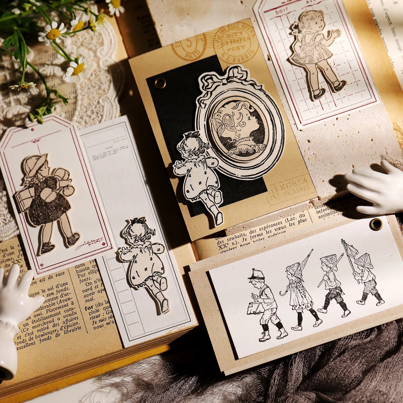 Vintage Flower & Bear Wooden Rubber Stamp – DIY Scrapbooking & Card Making