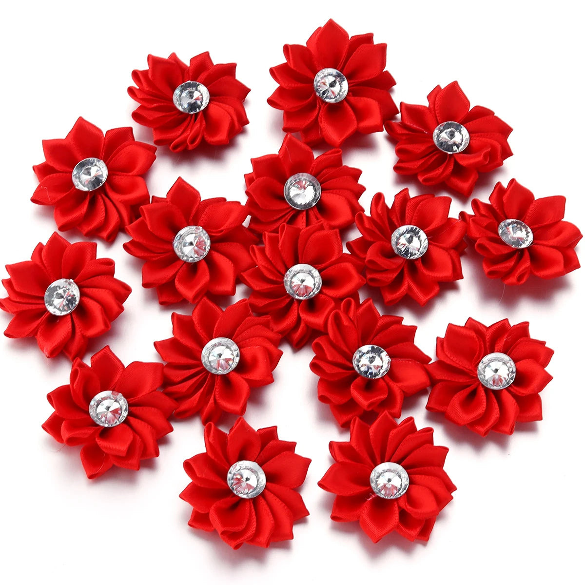 Mini Satin Ribbon Flowers with Rhinestones – 20pcs (40mm)