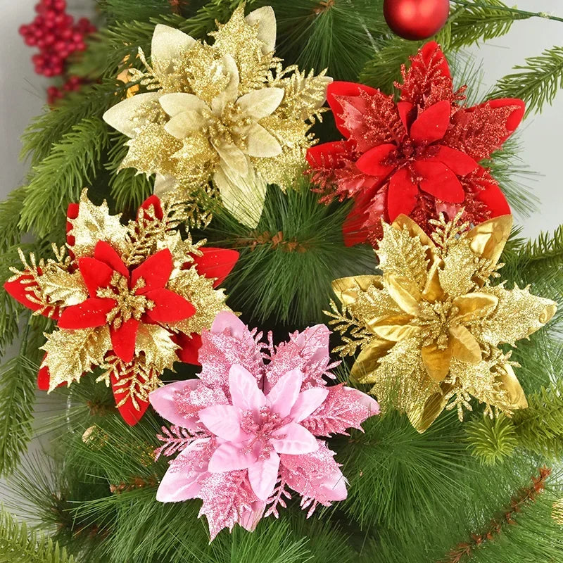Glitter Poinsettia Flowers – 15CM Artificial Christmas Flower Ornaments (5/10PCS)