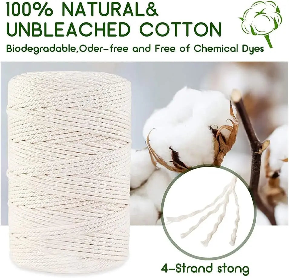 100% Natural Cotton Macrame Cord 4mm – Craft Rope for DIY, Knitting & Décor (Beige)