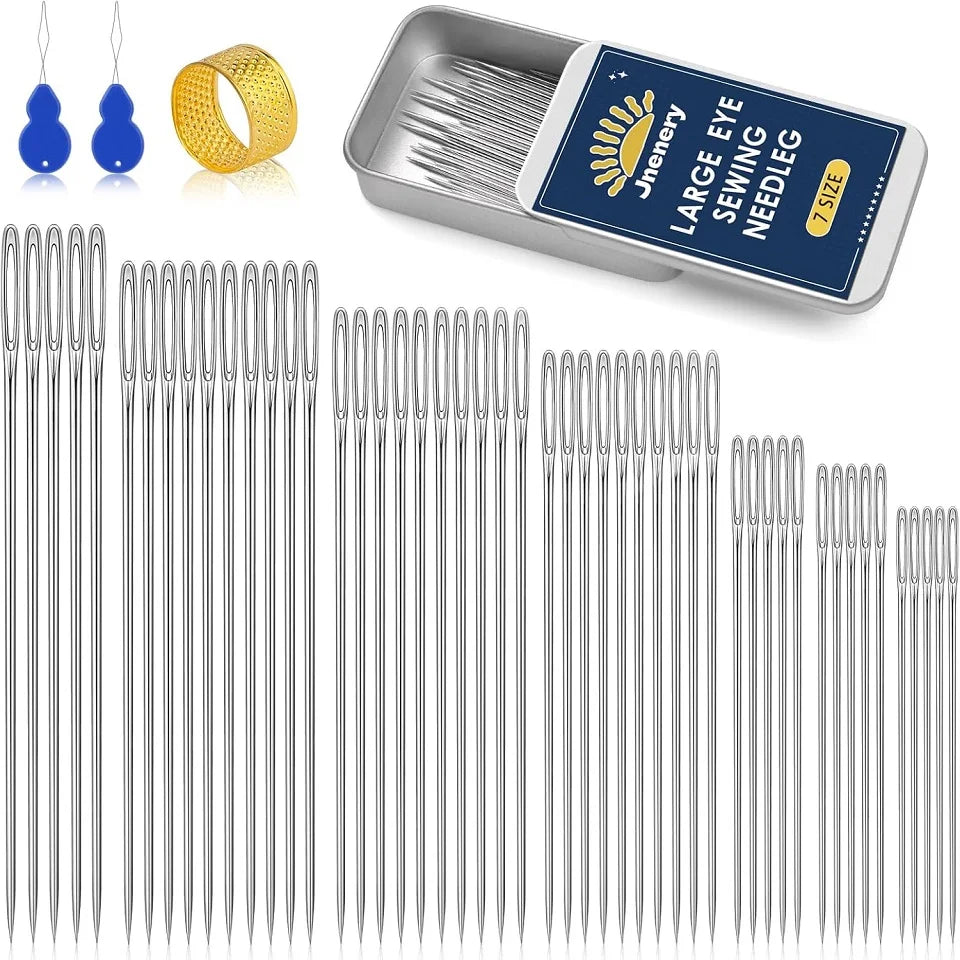 Large Eye Sewing Needles Kit – Hand Sewing Accessories Set with Threader & Thimble