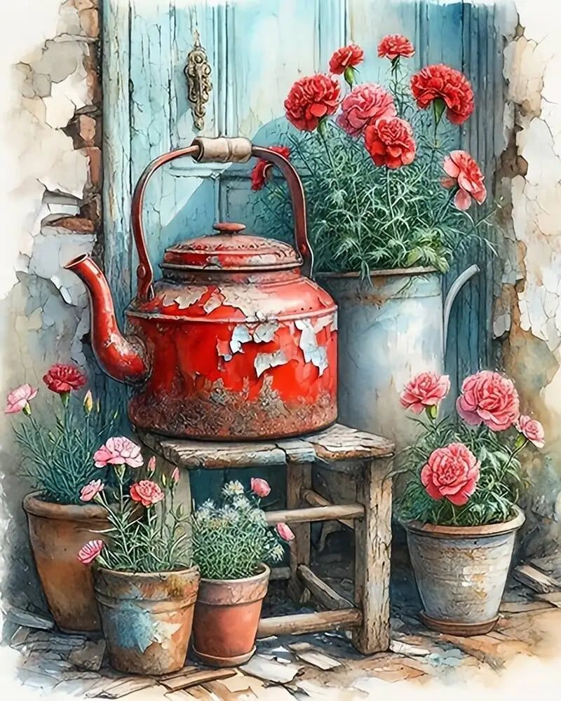DIY Digital Oil Painting Kettle Flower – Paint by Numbers Canvas Kit