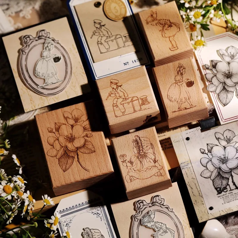 Vintage Flower & Bear Wooden Rubber Stamp – DIY Scrapbooking & Card Making