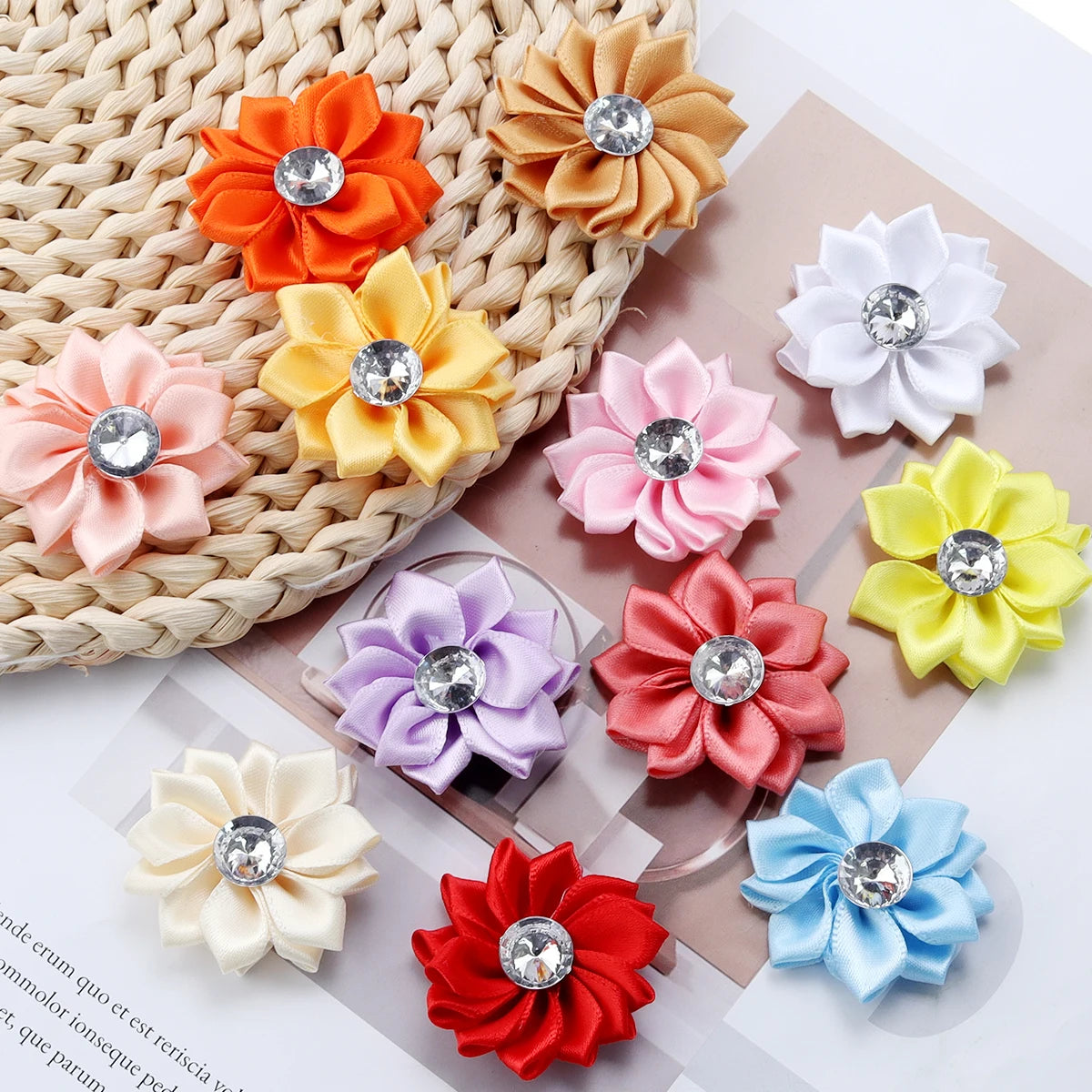 Mini Satin Ribbon Flowers with Rhinestones – 20pcs (40mm)