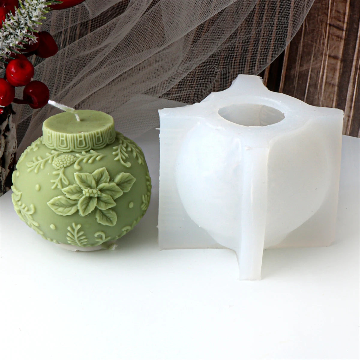 3D Christmas Ball Candle Mold – Silicone Embossed Lantern Mold for DIY Crafts