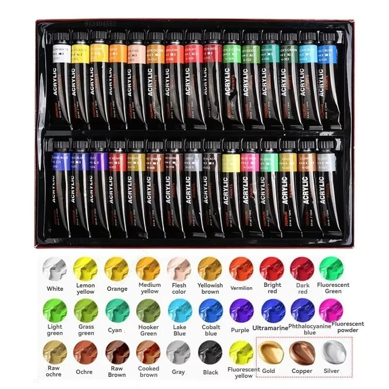 Acrylic Paint Set – 12/24/30 Colours (12ml) for Canvas, Wood, Fabric & Crafts