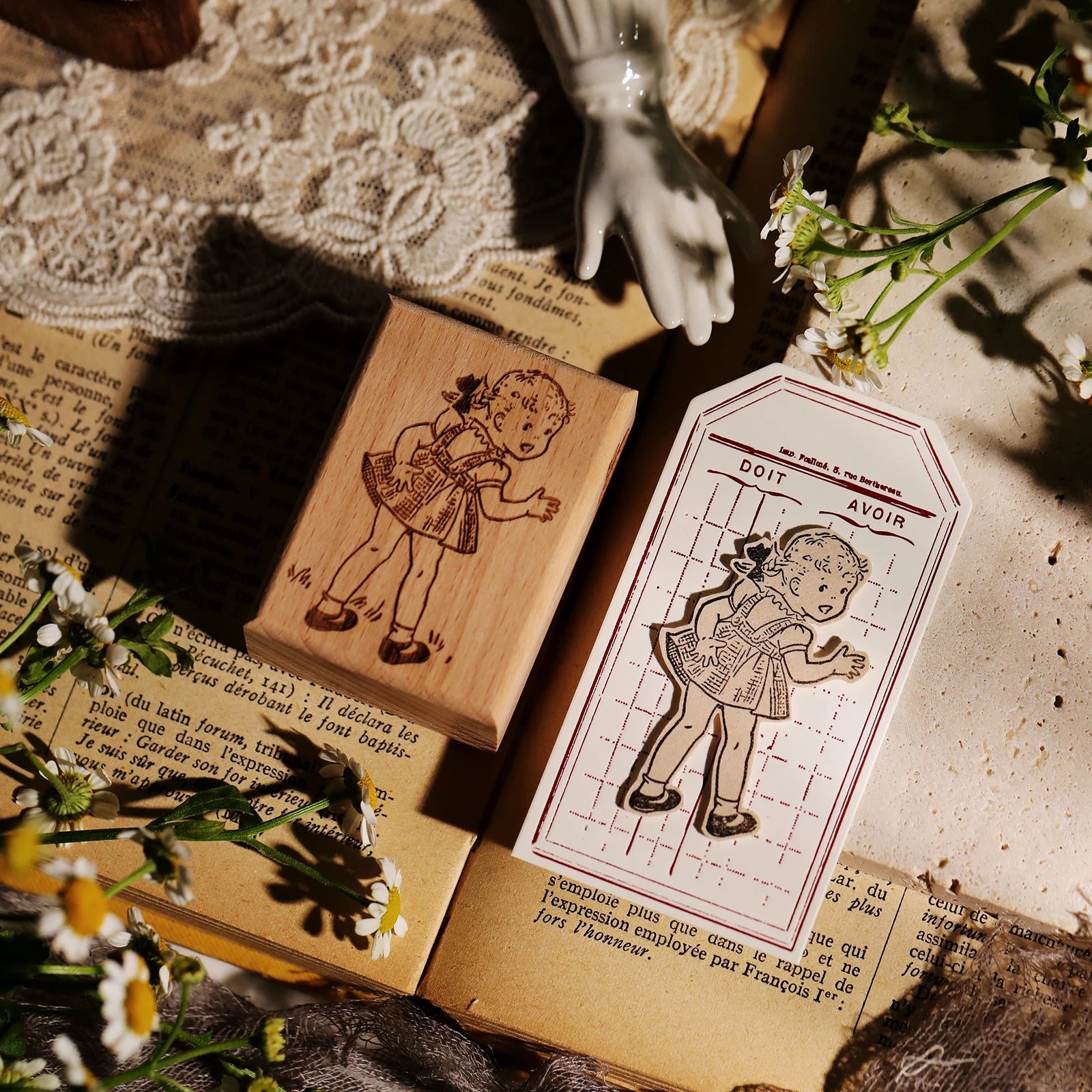 Vintage Flower & Bear Wooden Rubber Stamp – DIY Scrapbooking & Card Making