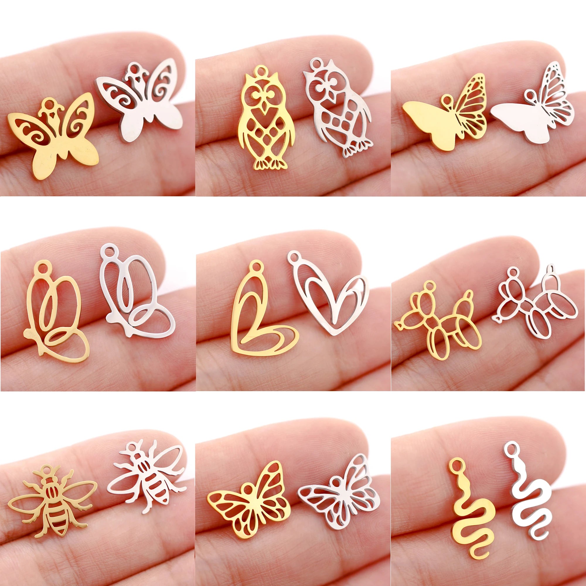 Mixed Animal Charms Set – Stainless Steel Bee, Butterfly, Owl & Heart Pendants (5PCS)