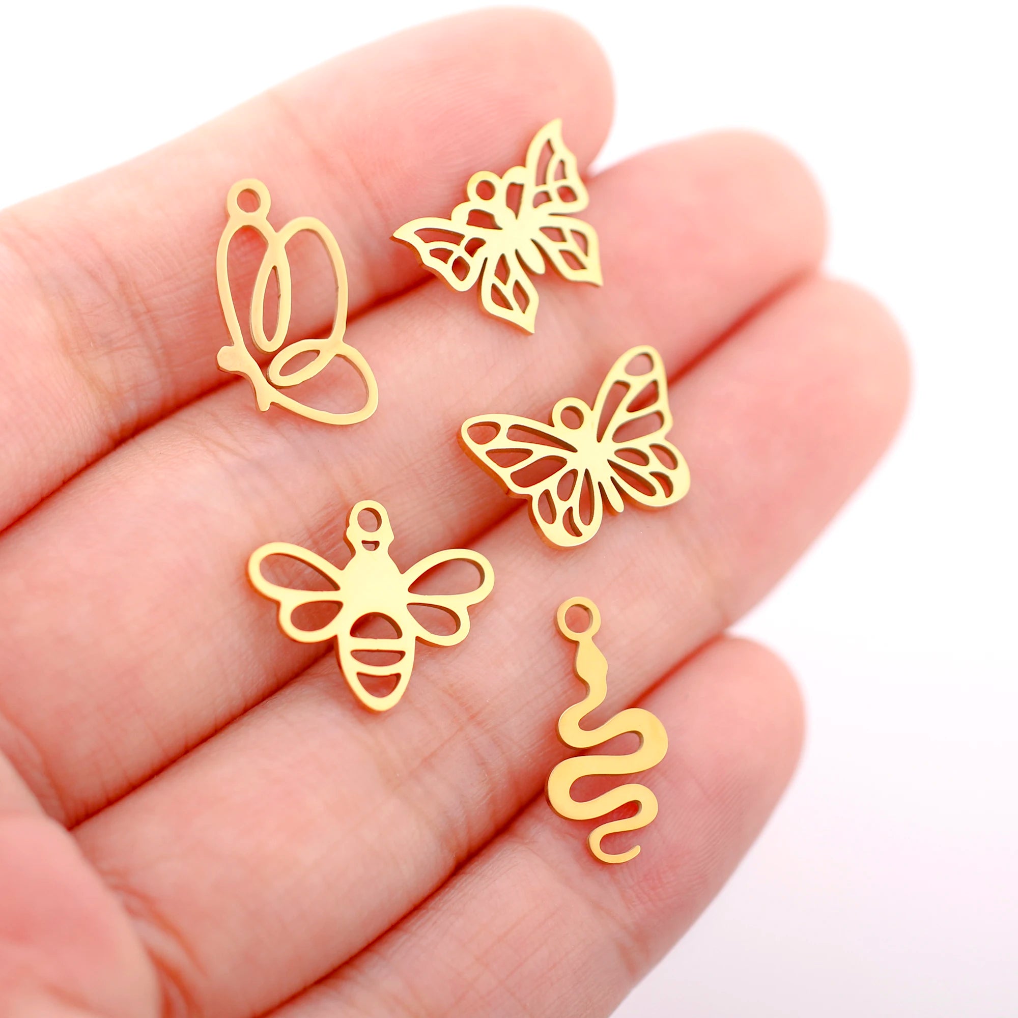 Mixed Animal Charms Set – Stainless Steel Bee, Butterfly, Owl & Heart Pendants (5PCS)