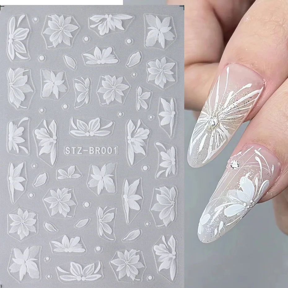 3D White Flower Nail Art Stickers – Cute Floral DIY Nail Decals